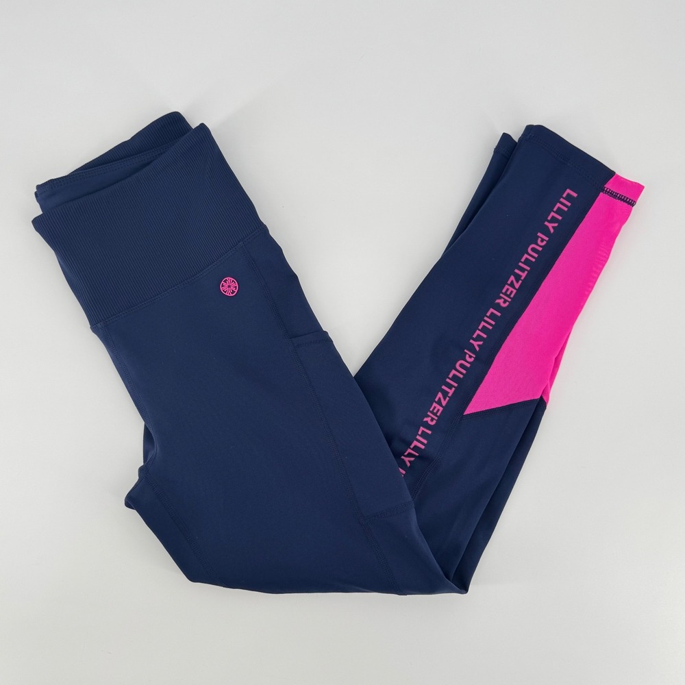 Lilly Pulitzer Luxletic Navy Pink Colorblock Logo Leggings Womens Small Pockets‎
